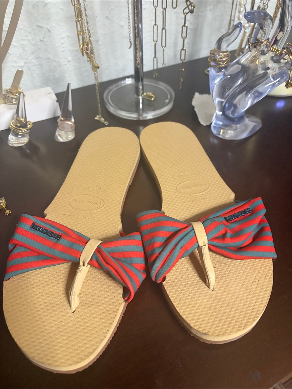 Striped Bow Tan Flip Sandals with Red & Teal Straps